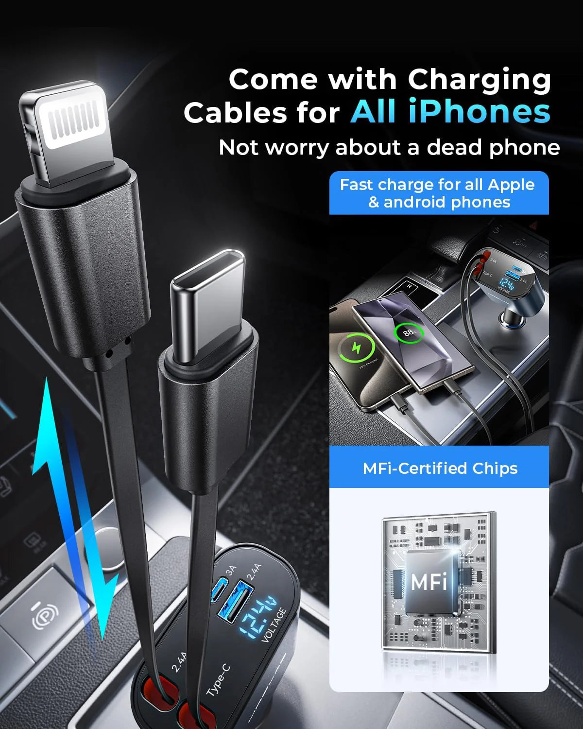Retractable Car Charger Fast Charging, 4 in 1 Car Fast Charger