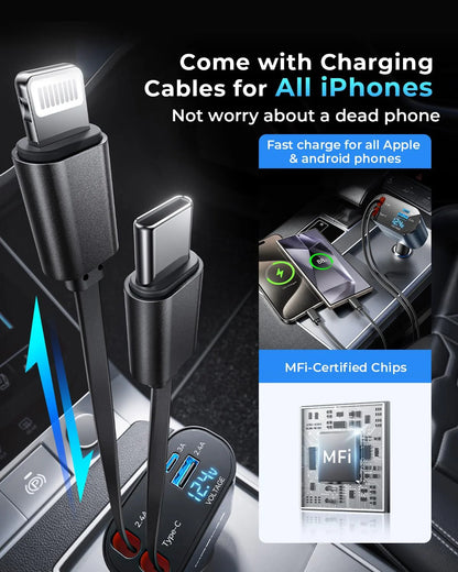 Retractable Car Charger Fast Charging, 4 in 1 Car Fast Charger