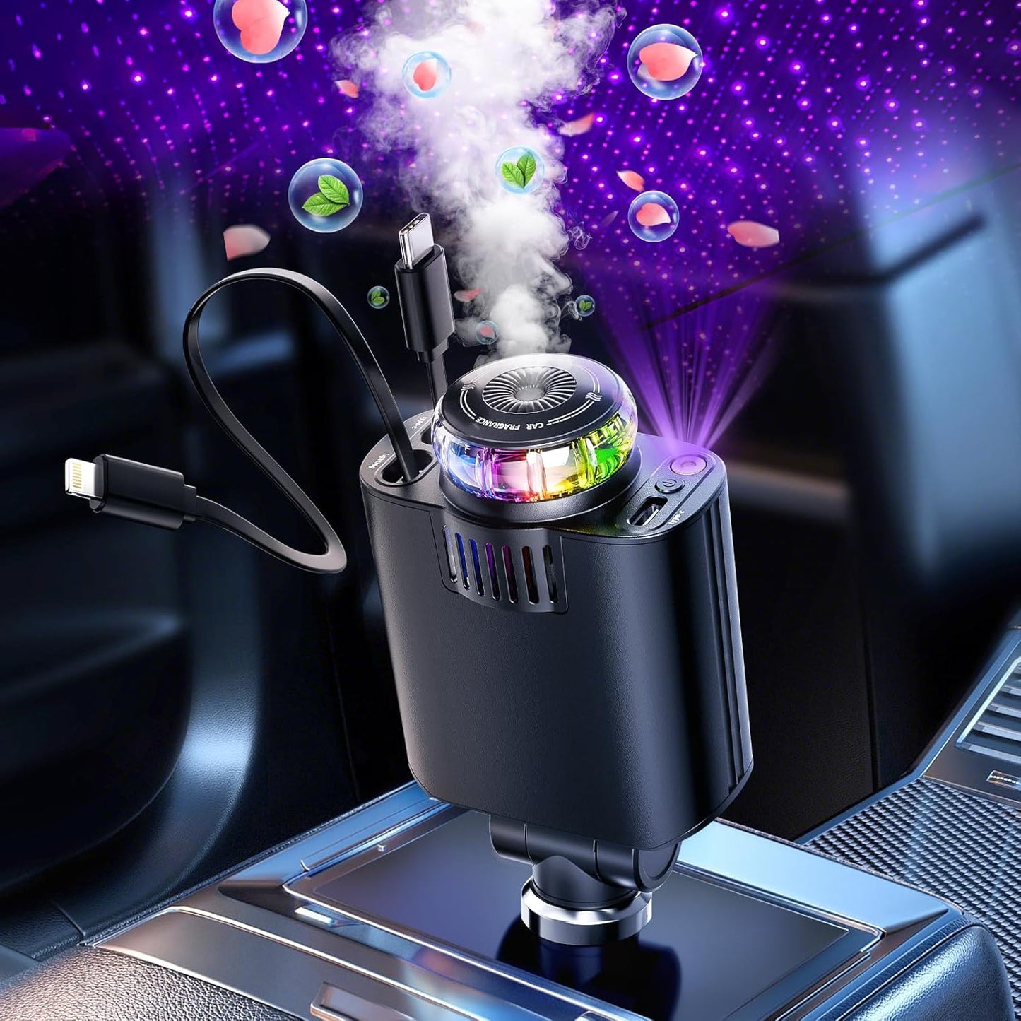 5-in-1 Retractable Car Charger with Aromatherapy, RGB Ambient Light & Fast Charging (USB-C & iOS Compatible)