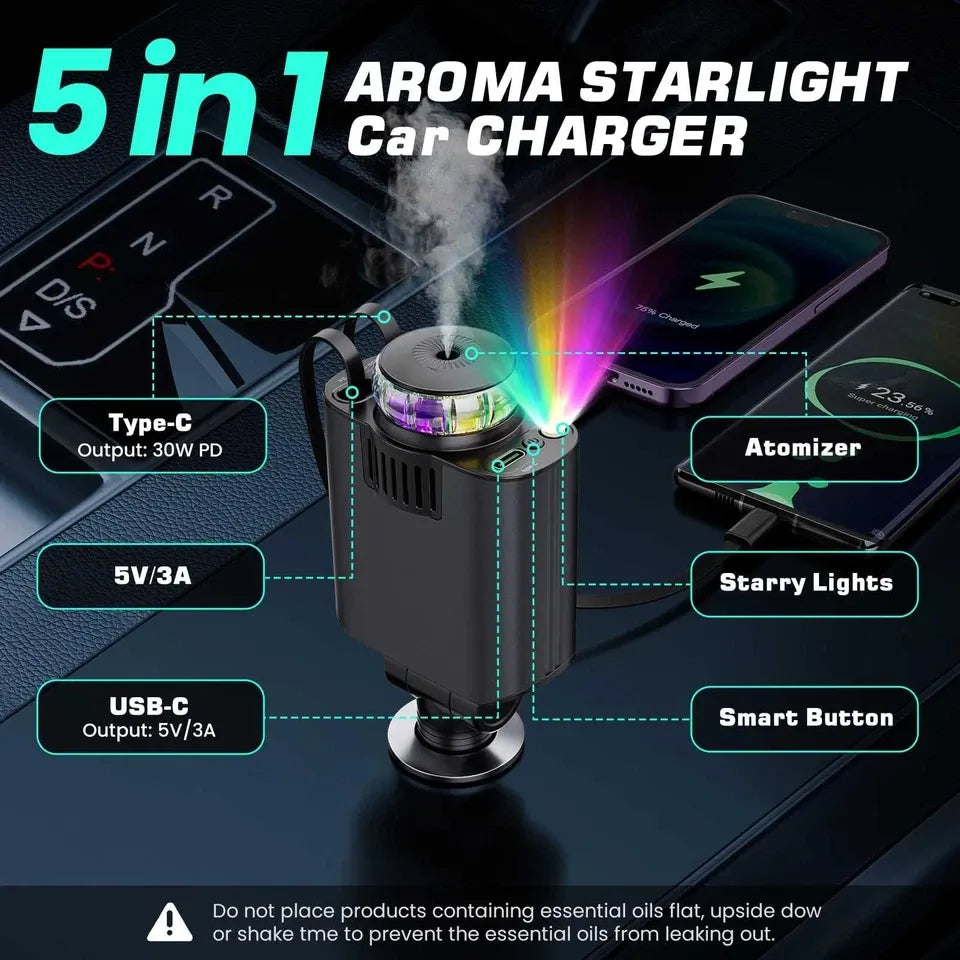 5-in-1 Retractable Car Charger with Aromatherapy, RGB Ambient Light & Fast Charging (USB-C & iOS Compatible)